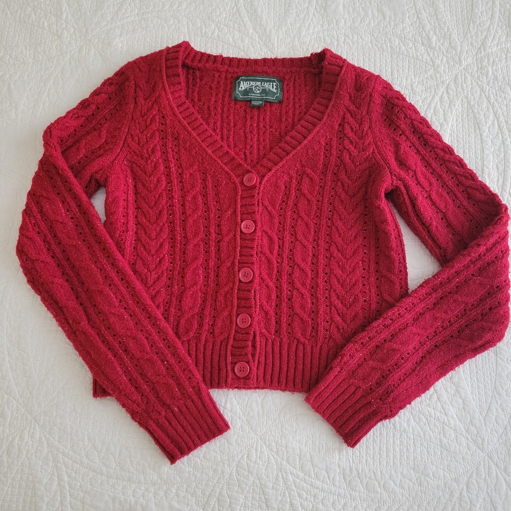 AE Cropped Button-Up Cardi Cable-Knit Red